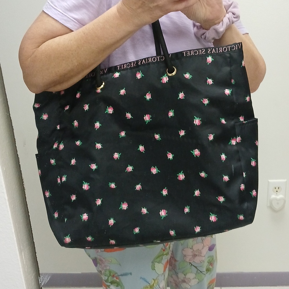 Victoria's Secret Black Tote with Pink Rose Print, 2 Side Pockets - Picture 5 of 5